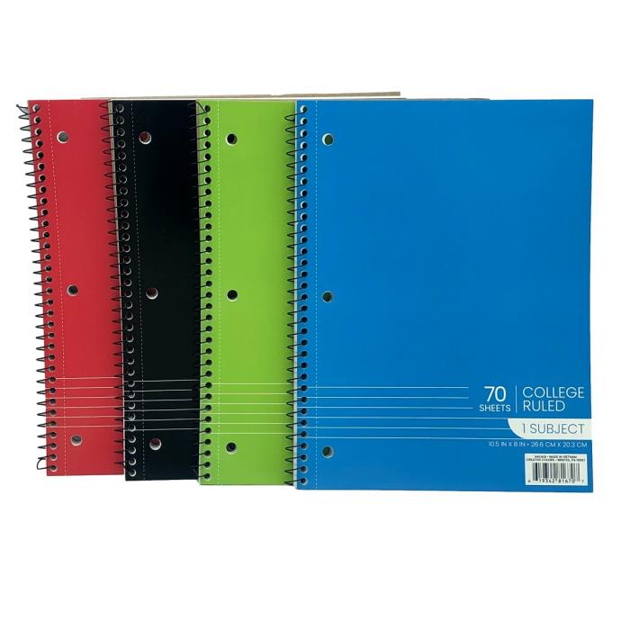 COLLEGE RULED SPIRAL NOTEBOOK 70 PAGE ASSORTED